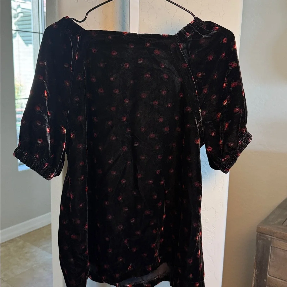 LOFT Black Velvet with small red roses and capped sleeves. NWOT